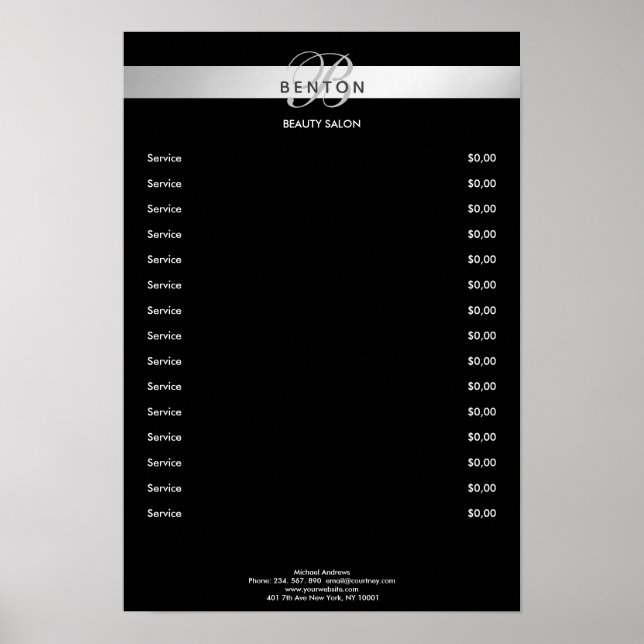 Elegant Monogramm Black Silver Pricelist Poster (Framsidan)