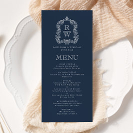 Elegant Monogramm Krönande Navyblå Bröllop Meny