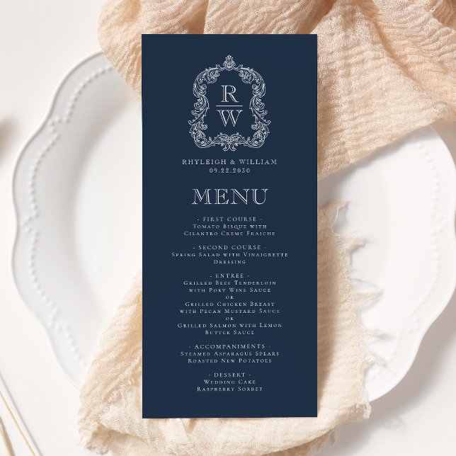 Elegant Monogramm Krönande Navyblå Bröllop Meny (Skapare uppladdad)