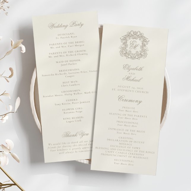 Elegant Monogramm-krönta Elfenbensbröllopsprogram Program (Skapare uppladdad)