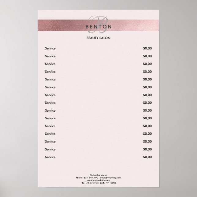 Elegant Monogramm Lightpink Rosegold Pricelist Poster (Framsidan)