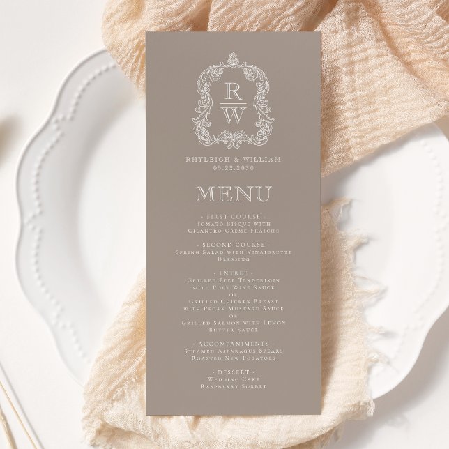 Elegant Monogramm stämpel Beige Bröllop Meny (Skapare uppladdad)