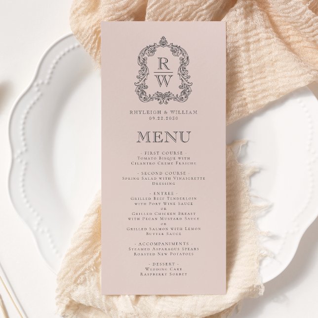 Elegant Monogramm stämpel rosabröllop Meny (Skapare uppladdad)