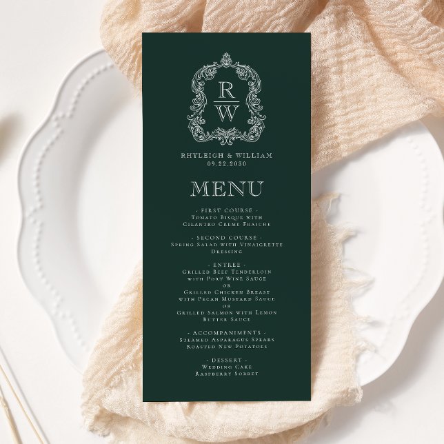 Elegant Monogramm stämpel Skoggrön Bröllop Meny (Skapare uppladdad)