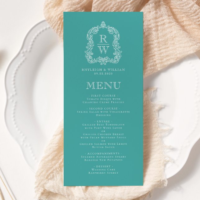 Elegant Monogramm stämpel turkos vit bröllop Meny (Skapare uppladdad)