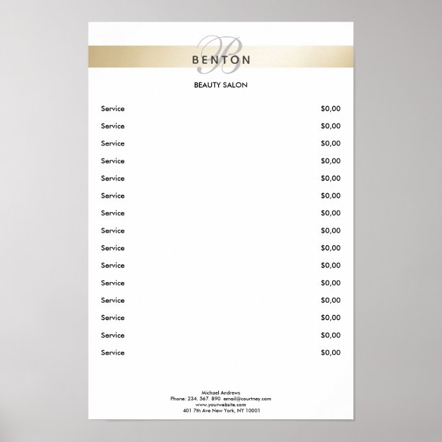 Elegant Monogramm Vit Guld Rand Prislista  Poster (Framsidan)