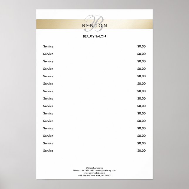 Elegant Monogramm Vit Guld Rand Prislista  Poster (Framsidan)
