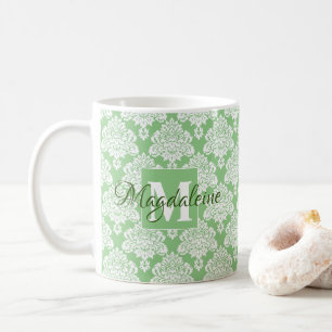 Elegant Monogrammad Sage Grönt & White Damask Kaffemugg