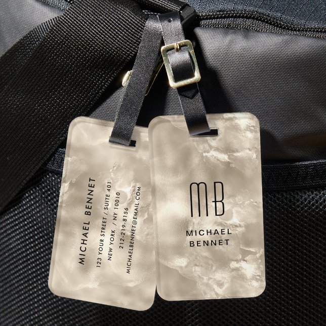 Elegant monogrammarkerad elfenbensfärgad pärltextu bagagebricka (Elegant Monogrammed Ivory Beige Pearl Texture Luggage Tag)