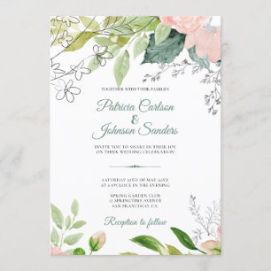 Elegant, monogrammat, vattenfärgad blommigt bröllo inbjudningar