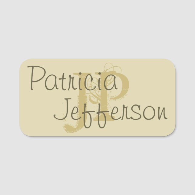 Elegant Monogrammed Beige och Golden: Kalligrafi Namnbricka (Framsida)