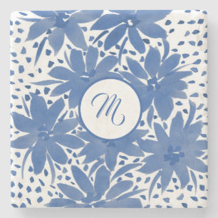Elegant Monogrammed blå Blommigt vattenfärg Stenunderlägg