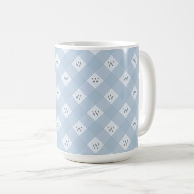 Elegant Monogrammed blå, vit kontrollerad Mönster Kaffemugg (Framsida höger)