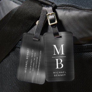 Elegant Monogrammed Black Brushed Metallic Bagagebricka