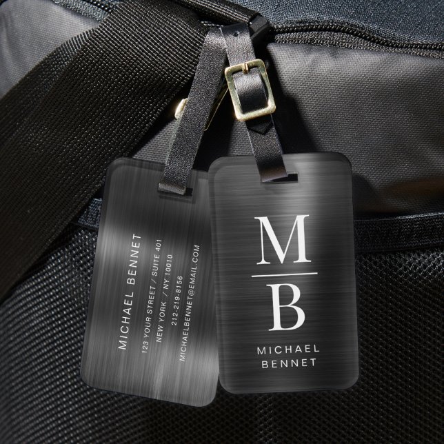 Elegant Monogrammed Black Brushed Metallic Bagagebricka (Elegant Monogrammed Black Brushed Metallic Luggage Tag)