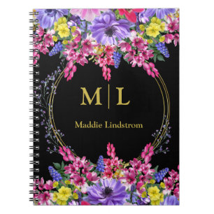 Elegant Monogrammed Black Multifärgad Blommigt Anp Anteckningsbok