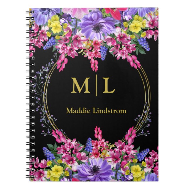 Elegant Monogrammed Black Multifärgad Blommigt Anp Anteckningsbok (Framsidan)