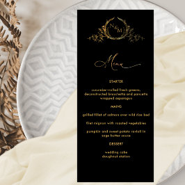 Elegant Monogrammed Black och Guld Bröllop Menu Meny