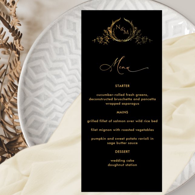 Elegant Monogrammed Black och Guld Bröllop Menu Meny (Skapare uppladdad)