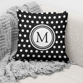 Elegant Monogrammed Black White Polka dots Kudde