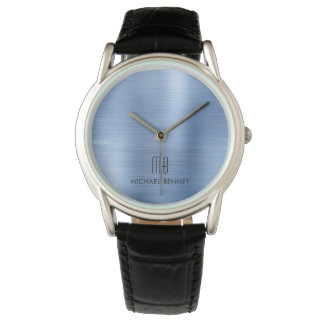 Elegant Monogrammed Blue Brushed Metall Armbandsur