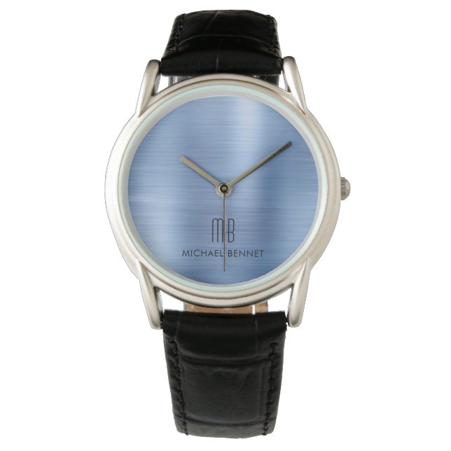 Elegant Monogrammed Blue Brushed Metall Armbandsur (Framsida)