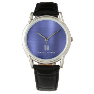 Elegant Monogrammed Blue Brushed Metallic Armbandsur