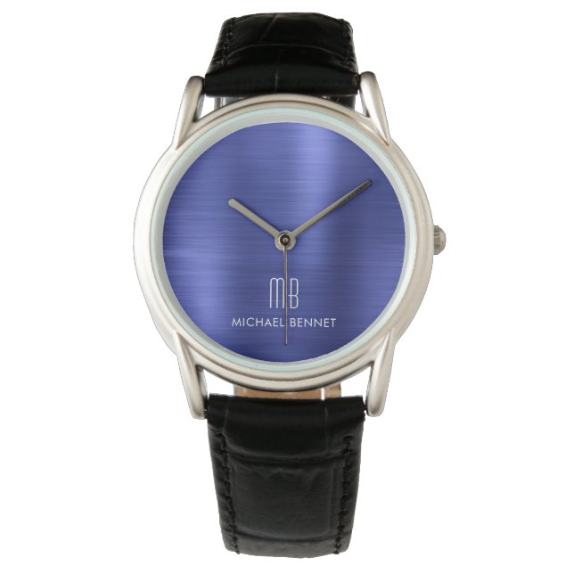 Elegant Monogrammed Blue Brushed Metallic Armbandsur (Framsida)