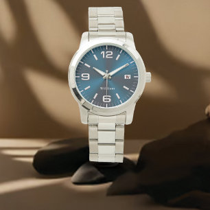 Elegant Monogrammed Blue Brushed Metallic Armbandsur