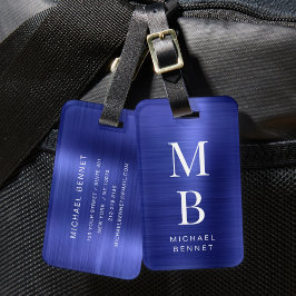 Elegant Monogrammed Blue Brushed Metallic Bagagebricka