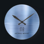 Elegant Monogrammed Blue Brushed Metallic Rund Klocka<br><div class="desc">Personlig Elegant Monogrammed Blue Brushed Round Clock.</div>