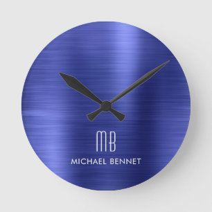 Elegant Monogrammed Blue Brushed Metallic Rund Klocka
