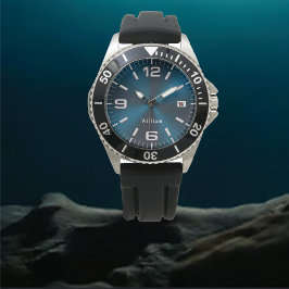 Elegant Monogrammed Blue Brushed Metallic Watch Armbandsur