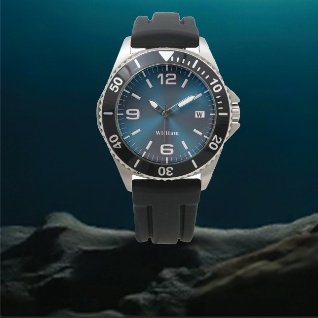Elegant Monogrammed Blue Brushed Metallic Watch Armbandsur (Skapare uppladdad)