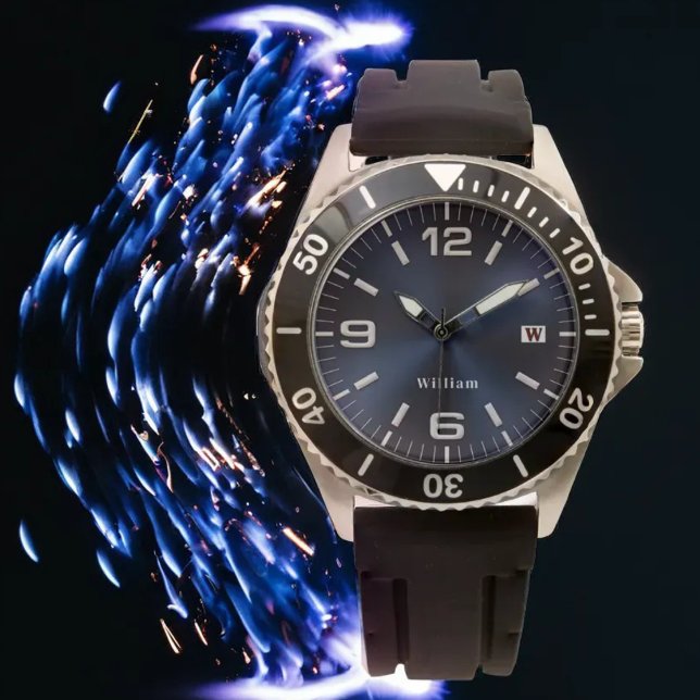 Elegant Monogrammed Blue Brushed Metallic Watch Armbandsur (Skapare uppladdad)