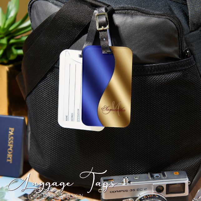 Elegant Monogrammed Blue Guld Metallic Bagagebricka (Skapare uppladdad)