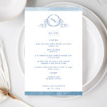Elegant Monogrammed Blue Watercolor Bröllop Menu<br><div class="desc">Välkomna gästerna till bord med den här elegantens monogrammade meny bröllop, med ett utsökt hand plockade leafy monogram med par initialer, och blå vattenfärgen gräns rand. Baksida med vackra vattenfärger tvättar i en mängd blåfärgade nyanser. En del av vår "Blue Watercolor Botanical Monogram Bröllop"-samling med en mängd olika samordningsprodukter tillgängliga,...</div>