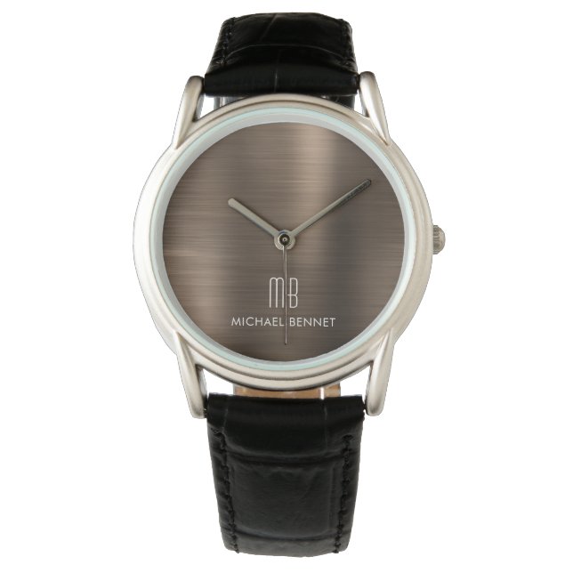Elegant Monogrammed Bronze Brown Brushed Metallic Armbandsur (Framsida)