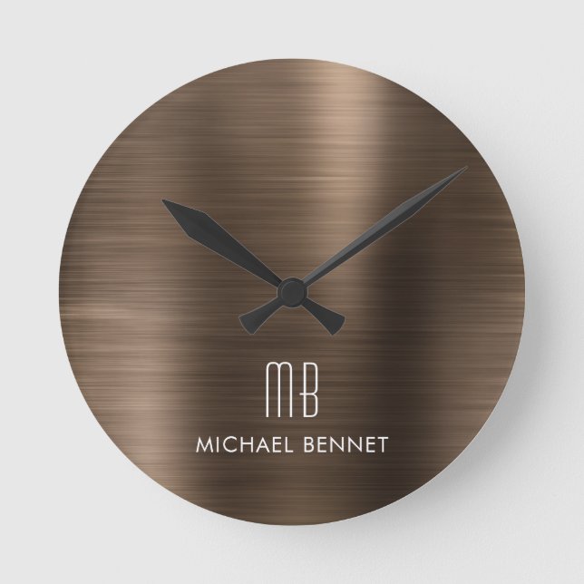 Elegant Monogrammed Bronze Brushed Metallic Rund Klocka (Framsida)
