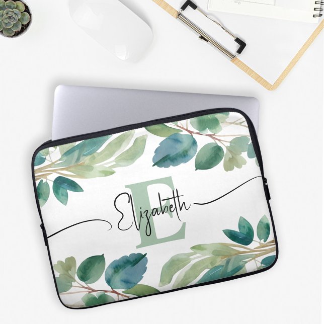 Elegant Monogrammed Eucalyptus greenery Watercolor Laptop Fodral (Skapare uppladdad)