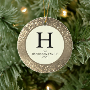 Elegant Monogrammed Glitter-julfamiljfoto Julgransprydnad Keramik