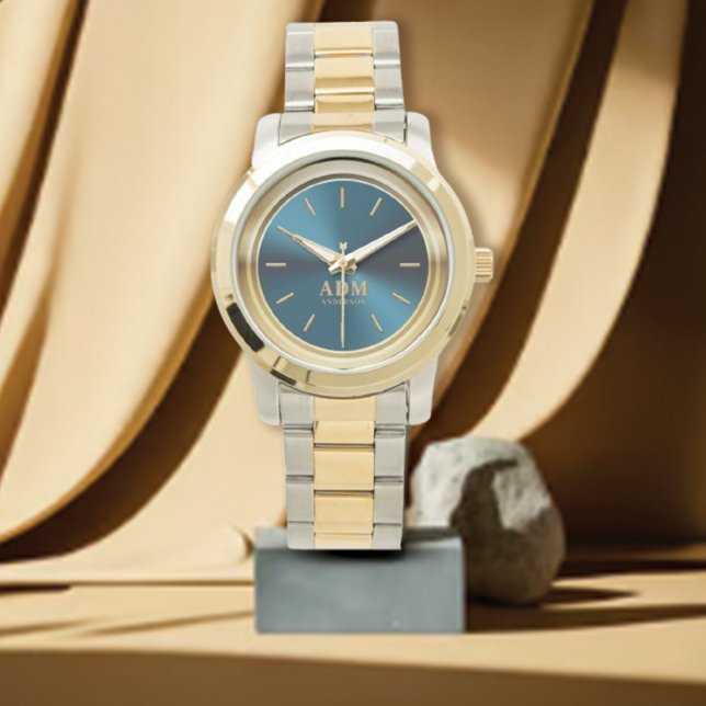 Elegant Monogrammed Guld Blue Metallic Watch Armbandsur (Skapare uppladdad)