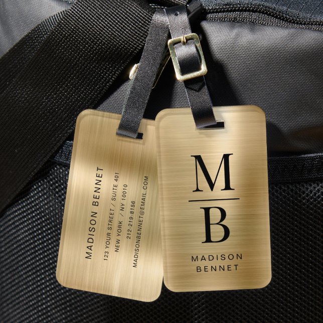 Elegant Monogrammed Guld Brushed Metallic Luggage Bagagebricka (Elegant Monogrammed Gold Brushed Metallic Luggage Luggage Tag)