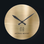 Elegant Monogrammed Guld Brushed Metallic Rund Klocka<br><div class="desc">Personlig Elegant Monogrammed Guld Brushed Round Clock.</div>