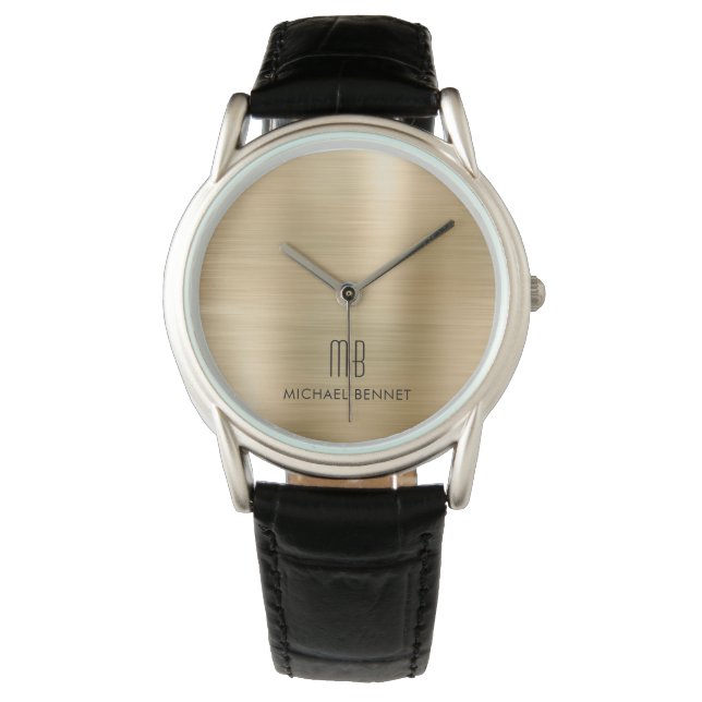 Elegant Monogrammed Guld Brushed Metallic Watch Armbandsur (Framsida)