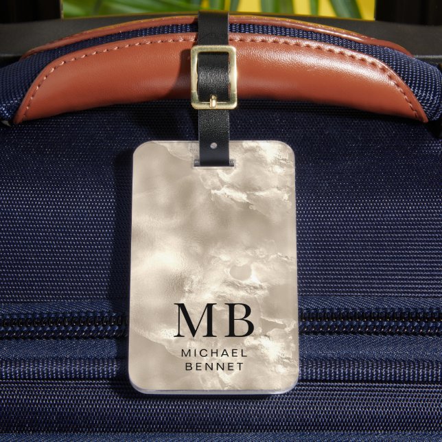 Elegant Monogrammed Ivory Beige Pearl Struktur Bagagebricka (Framsida Insitu 2)