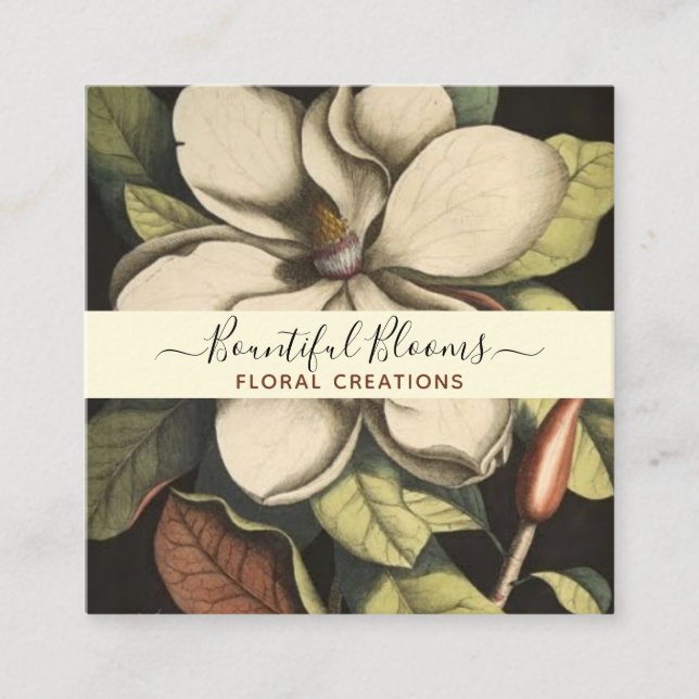 Elegant Monogrammed Magnolia Cream Sage Blooms Fyrkantigt Visitkort (Framsida)