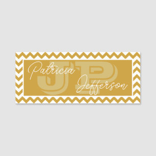 Elegant Monogrammed Mustard Gult Chevron Mönster Namnbricka