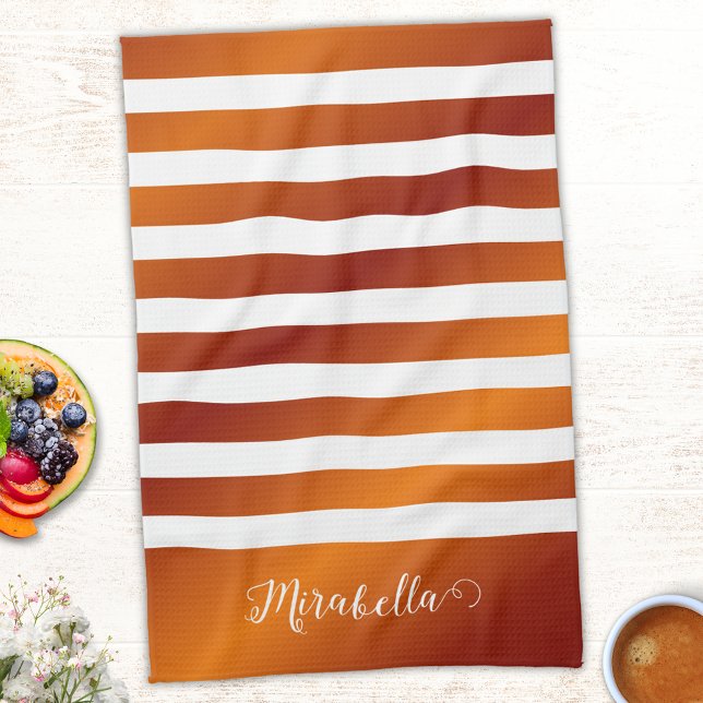 Elegant Monogrammed Orange och White Rand Kökshandduk (Skapare uppladdad)