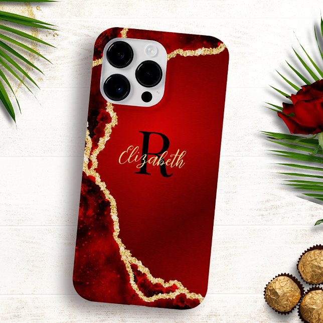 Elegant Monogrammed Red Black Guld Agate Girly (Skapare uppladdad)
